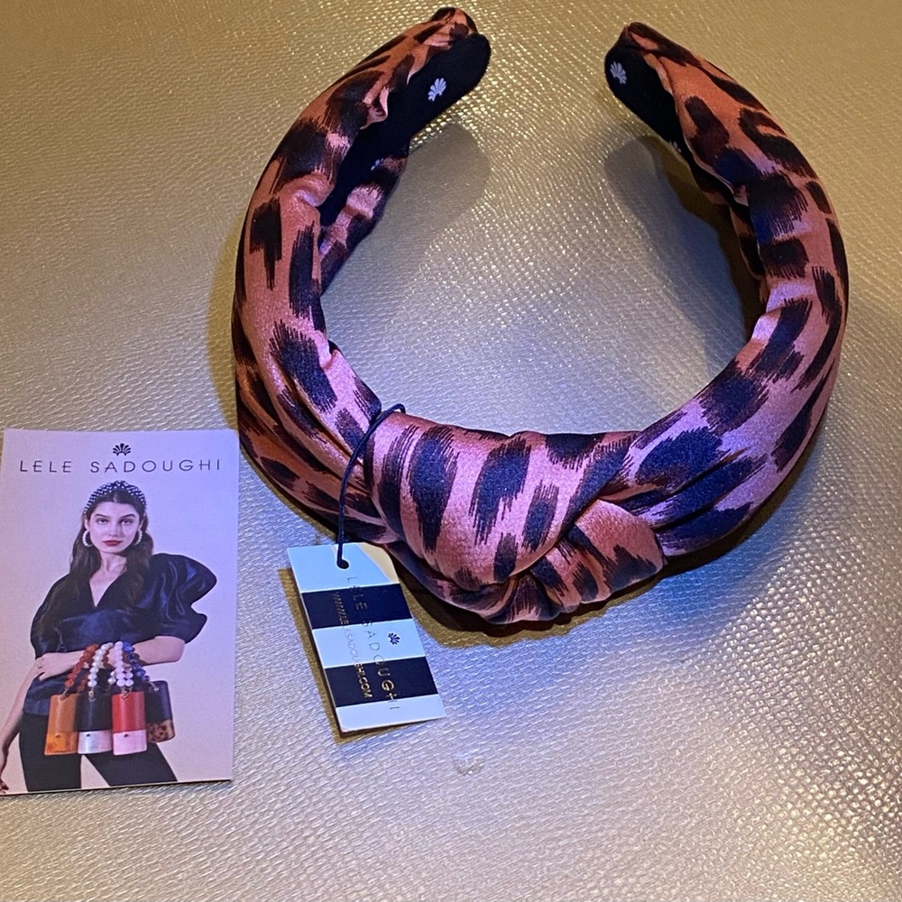 Lele Sadoughi Leopard Print Pink Silk and Black Headband with Knot